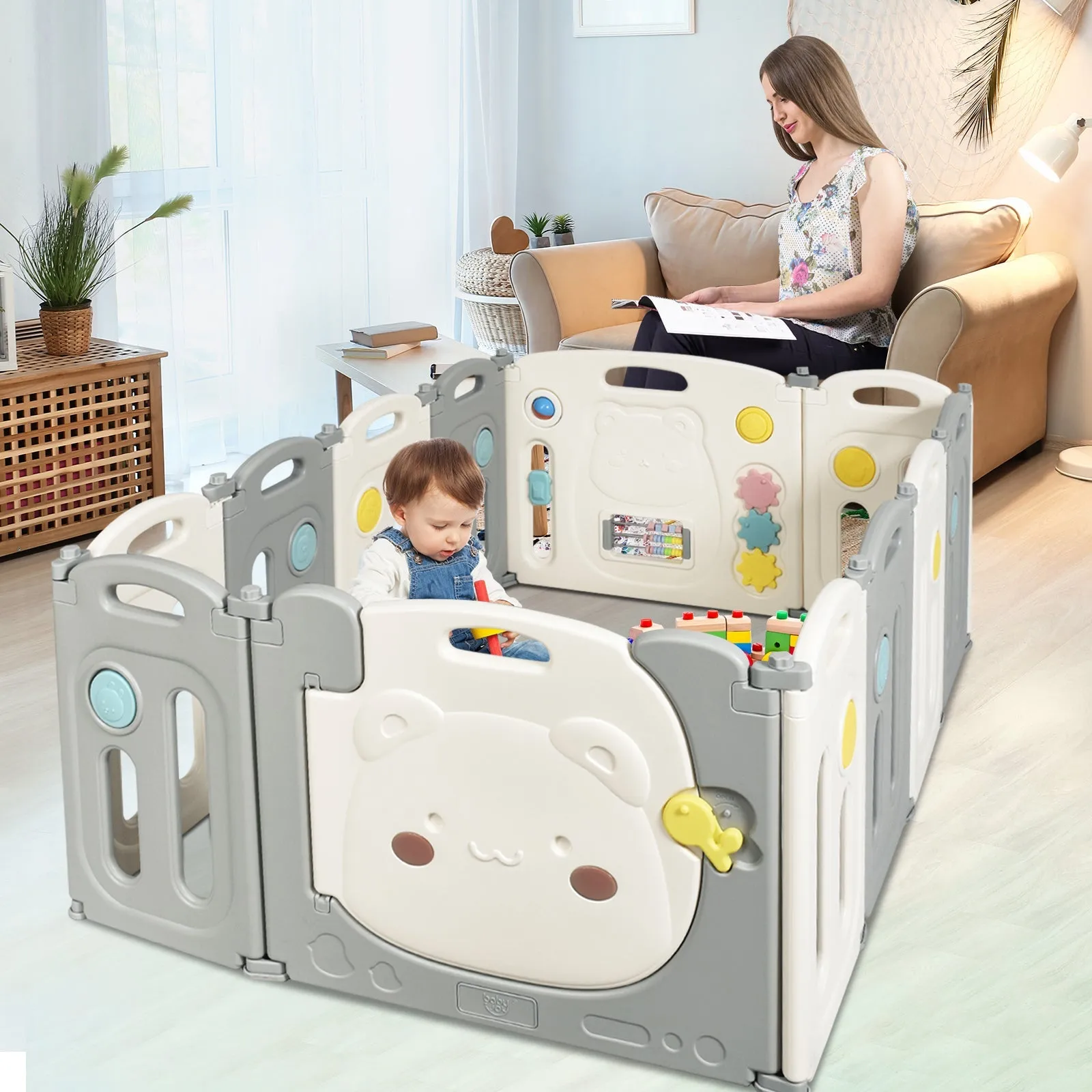 16-Panel Foldable HDPE Baby Playpen with Safety Lock