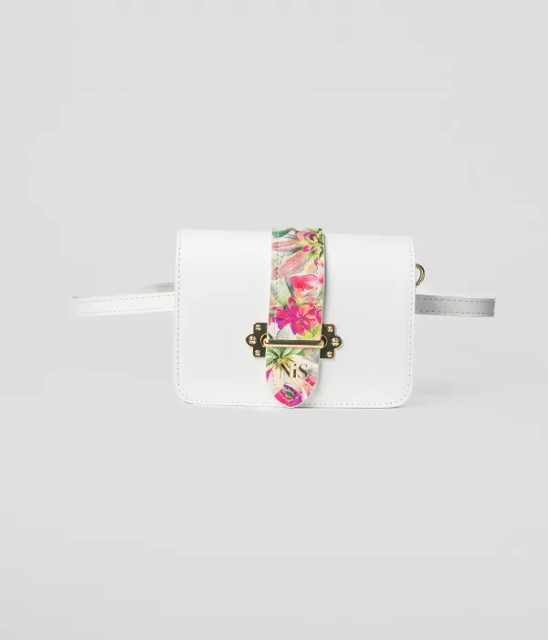 ATENA FLORAL PRINT DETAIL LEATHER MINI BAG - WHITE/FUCHSIA