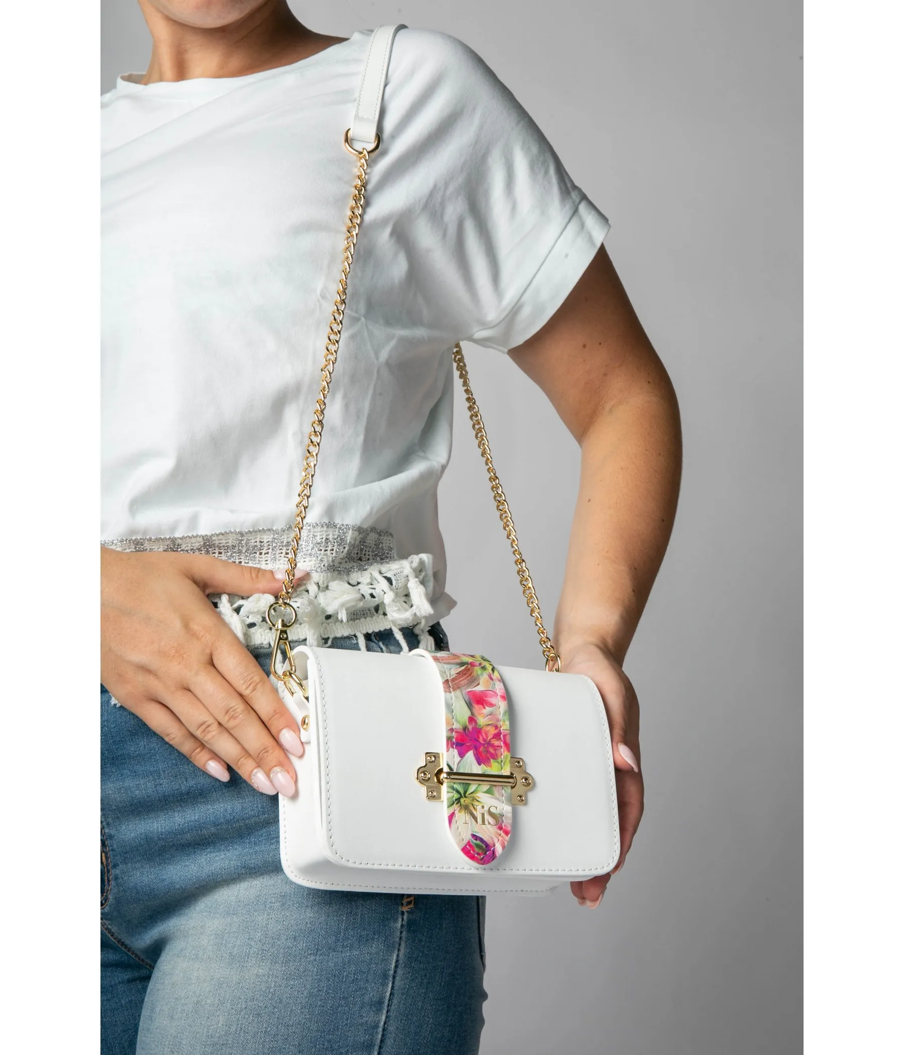 ATENA FLORAL PRINT DETAIL LEATHER MINI BAG - WHITE/FUCHSIA