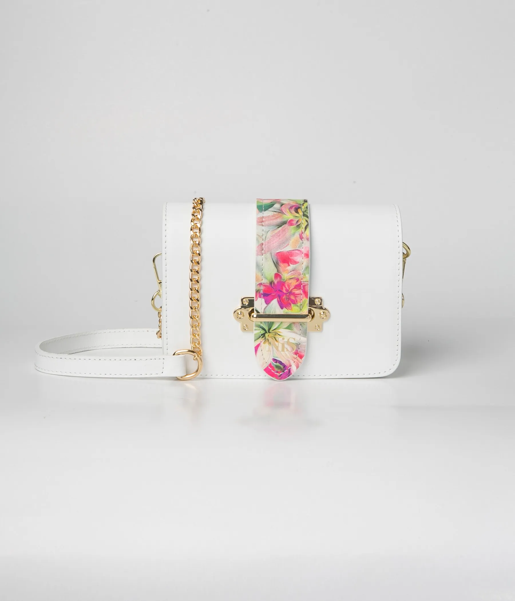 ATENA FLORAL PRINT DETAIL LEATHER MINI BAG - WHITE/FUCHSIA