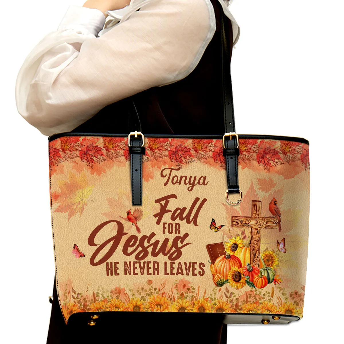 Autumn Season Bag Fall For Jesus He Never Leaves Personalized Large Leather Tote Bag - Christian Gifts For Women