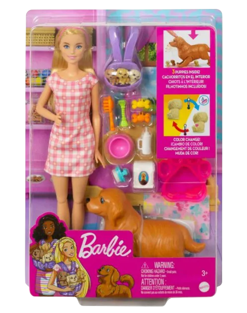 Barbie And Newborn Pups Playset With Blonde Doll