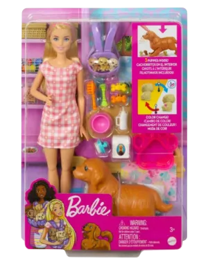 Barbie And Newborn Pups Playset With Blonde Doll