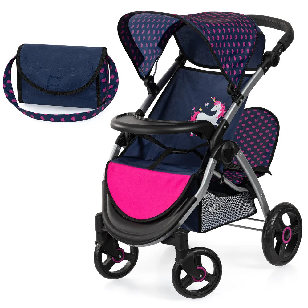 Bayer Design Twin Star Doll Stroller, Unicorn Theme - Blue & Hot Pink