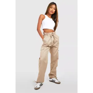 Beige Paper Bag High Waist Cargo Trousers