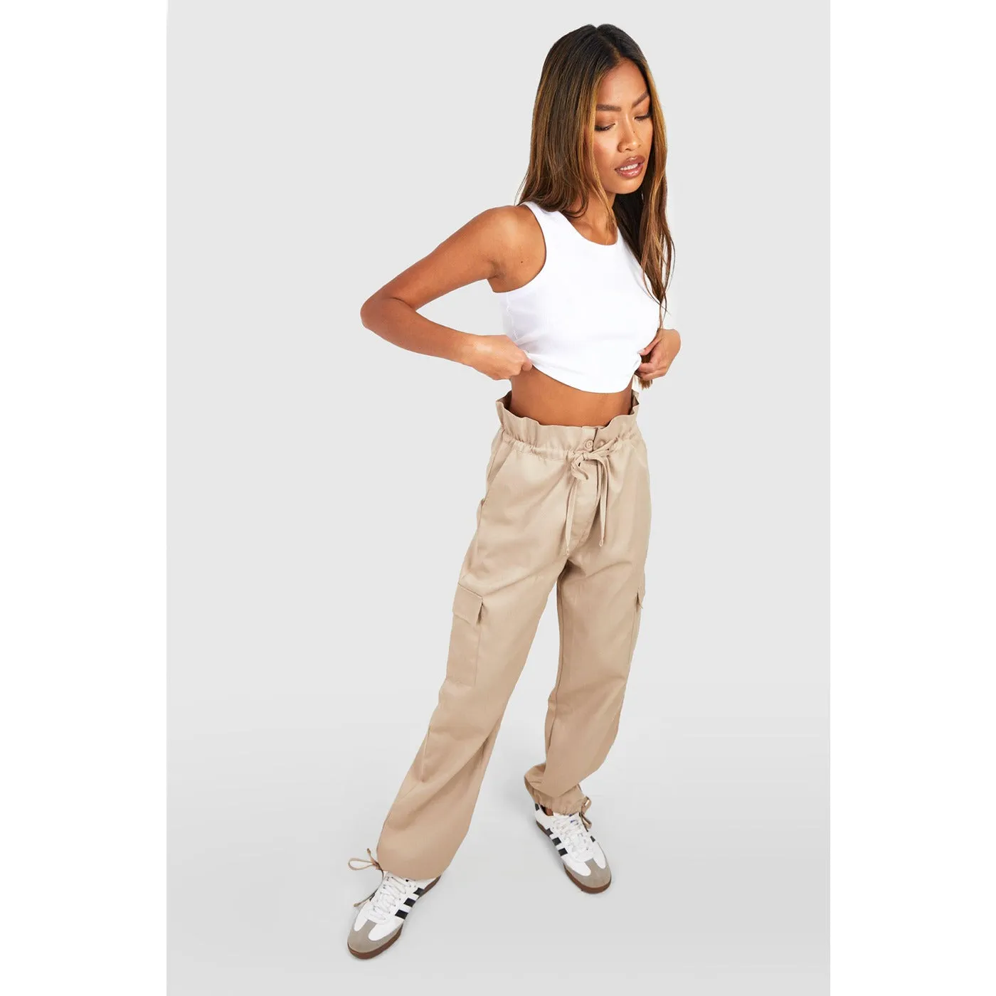 Beige Paper Bag High Waist Cargo Trousers