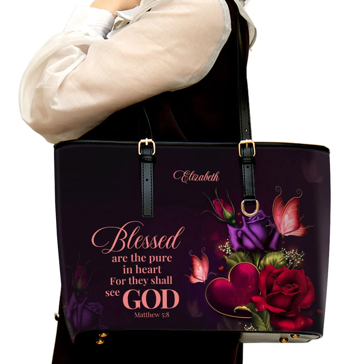 Blessed Are The Pure In Heart For They Shall See God Personalized Large Leather Tote Bag - Christian Gifts For Women