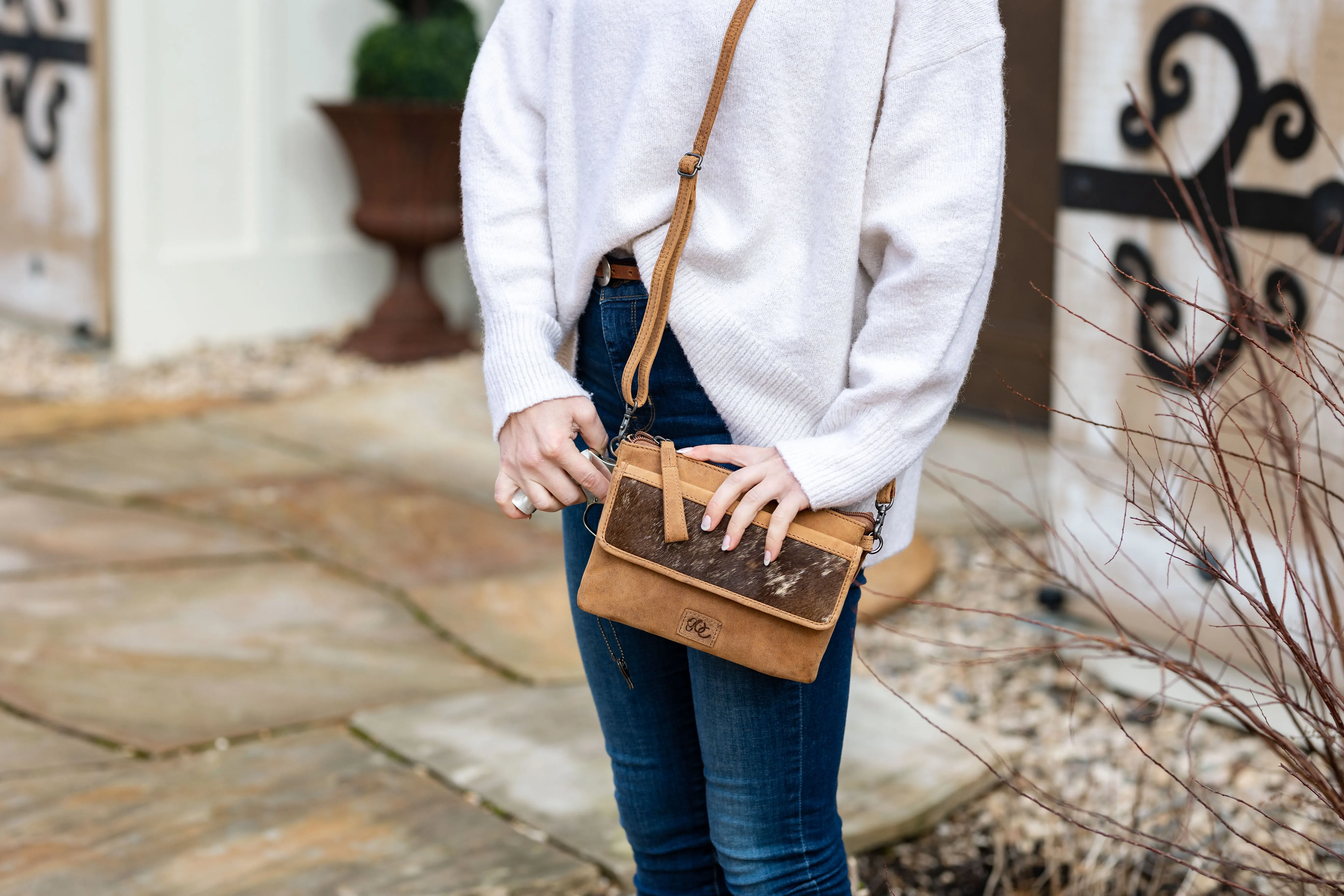 Bobbie | Leather Concealed Carry Crossbody, Shoulder Bag | Hair-On Cowhide Accents | Compact-Size Bag | Locking Exterior Concealment Pocket