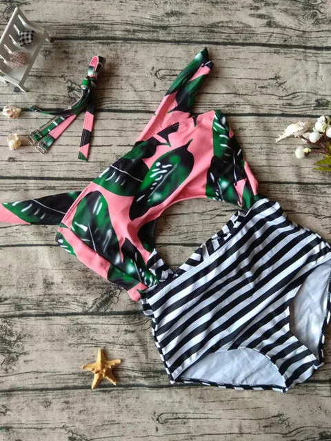 Bxxnxx Green Leaf Print Swimsuit Striped High Waist One Piece Swimwear Swimsuit Patchwork Women Swimwear