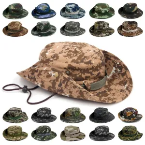 Camouflage Bucket Hats Wide Brim Sun Cap Ripstop Camo Fishing Hunting Hiking Men Safari Summer Jungle with String Boonie Hat