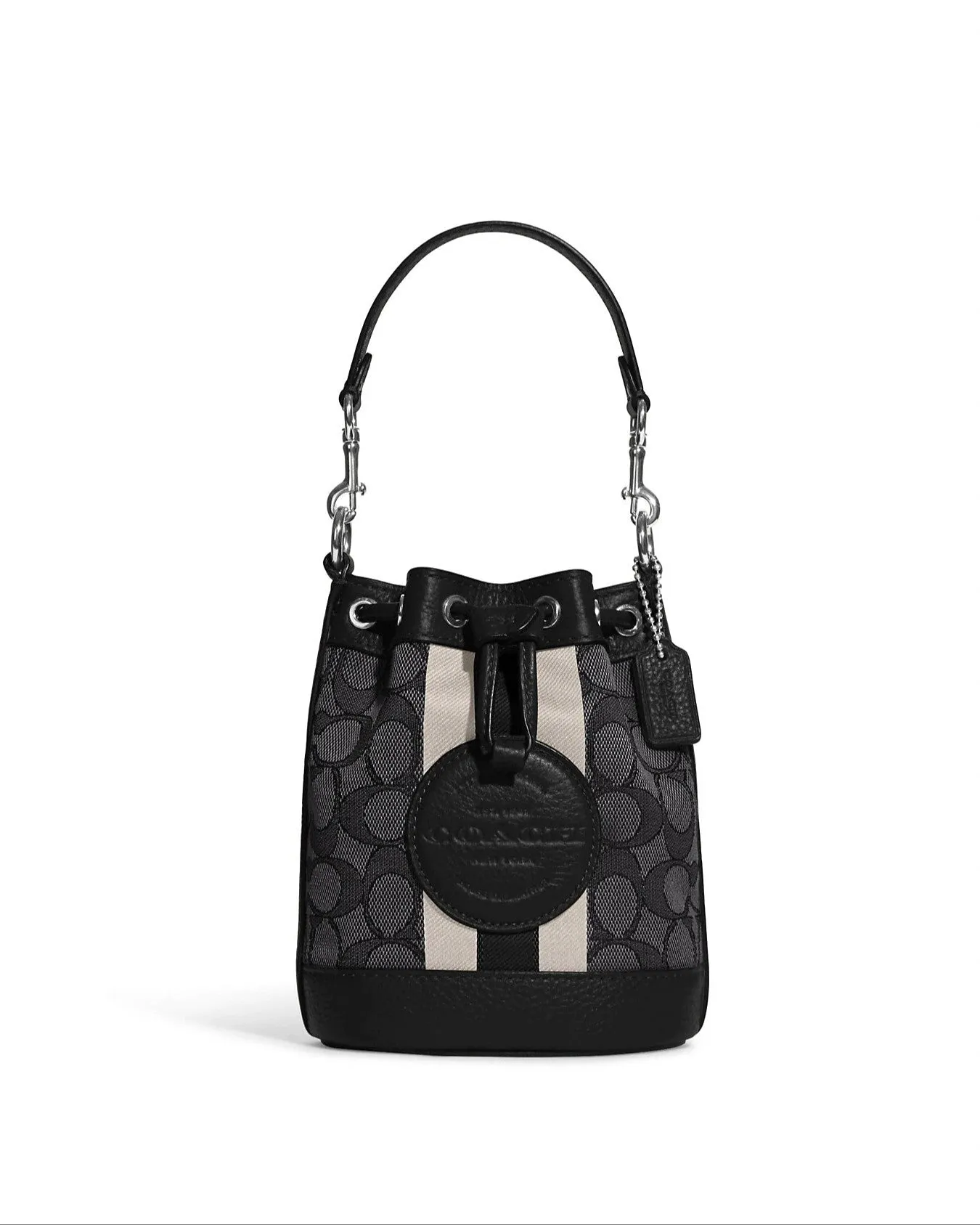 Coach Women's Graphite & Black Mini Dempsey Bucket Bag In Signature Jacquard With Stripe And Coach Patch