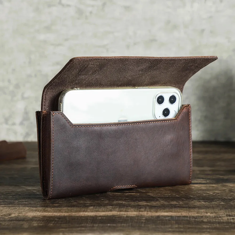 Cow Leather Men Phone Belt Clip Pouch for Apple iPhone 16 15 14 13 Pro Max Case Samsung Galaxy Cellphone 4.7-6.7 inch Waist Bag