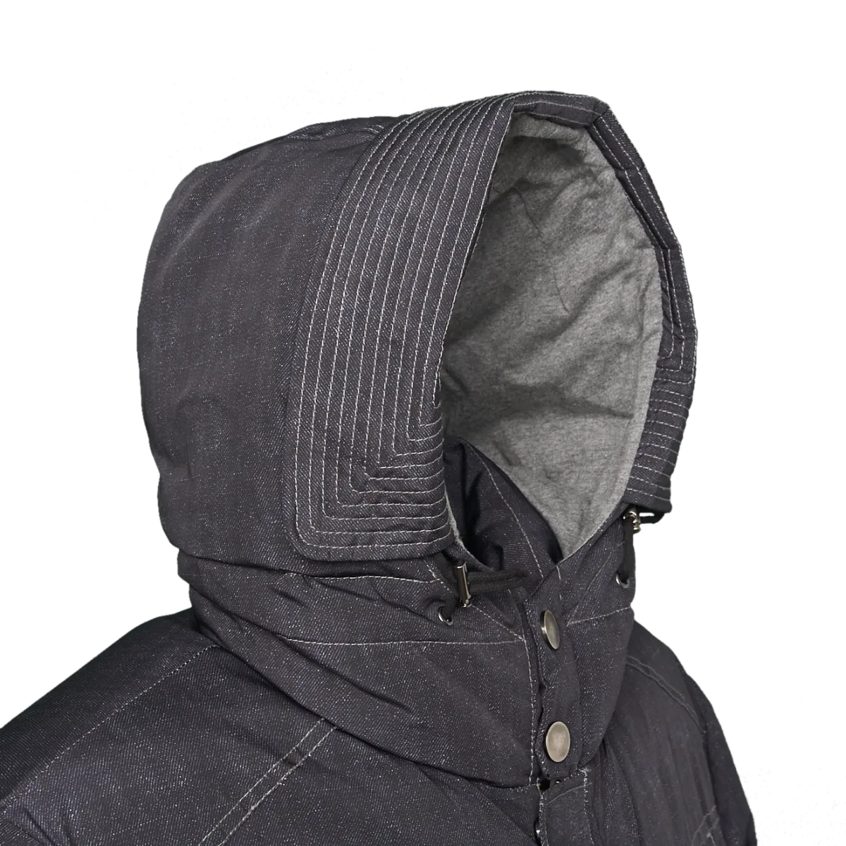 Denim-Like Down Jacket with Jersey Hood