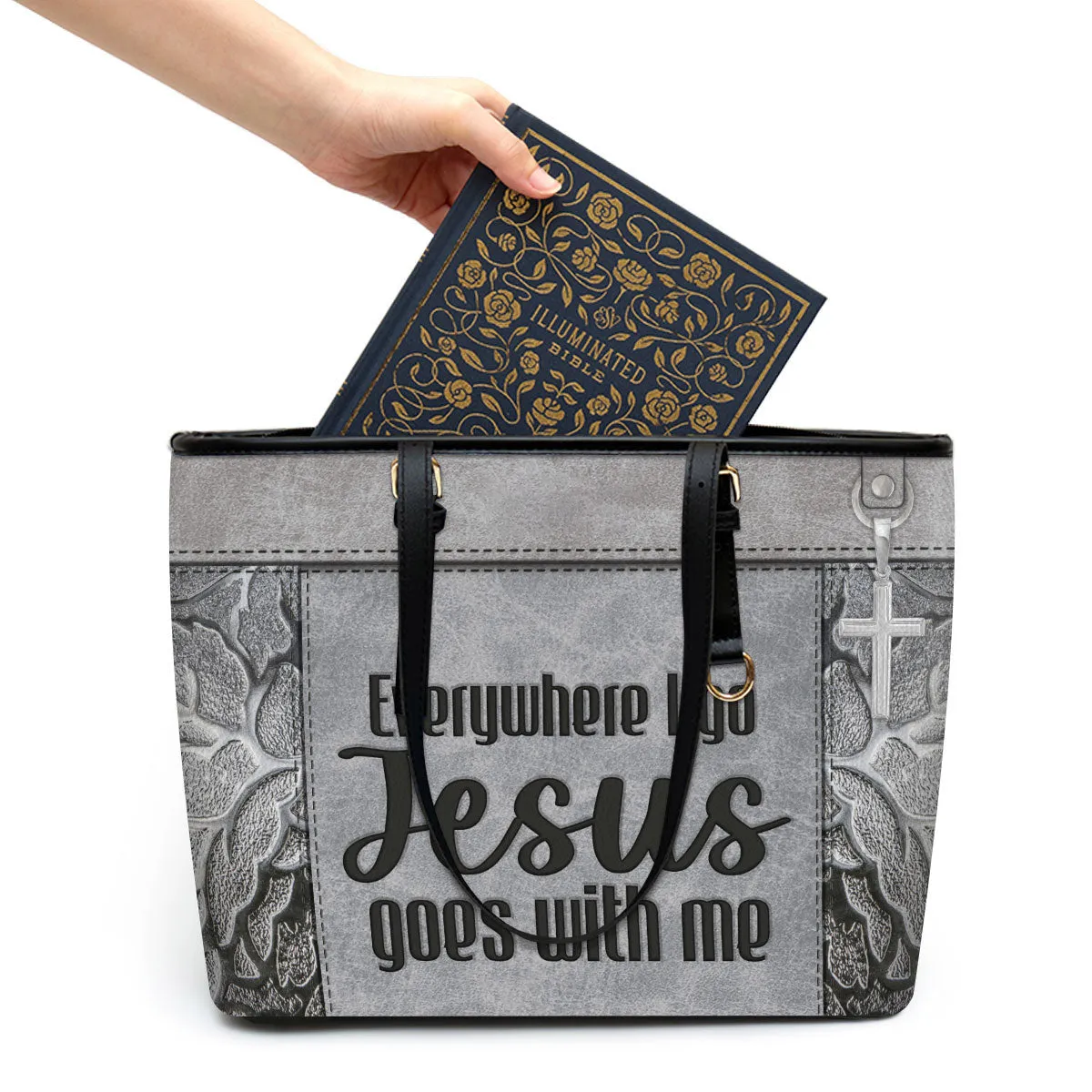 Everywhere I Go Jesus Goes With Me Large Leather Tote Bag - Christ Gifts For Religious Women - Best Mother's Day Gifts