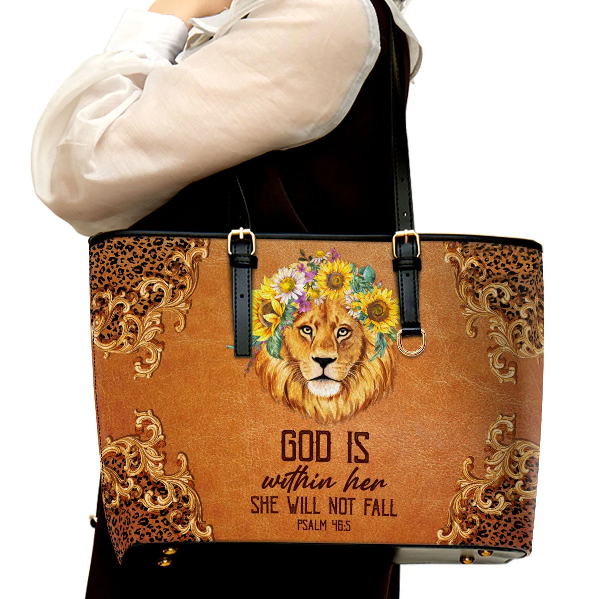 God Is Within Her She Will Not Fall Large Leather Tote Bag - Christ Gifts For Religious Women - Best Mother's Day Gifts