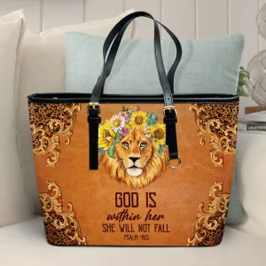 God Is Within Her She Will Not Fall Large Leather Tote Bag - Christ Gifts For Religious Women - Best Mother's Day Gifts