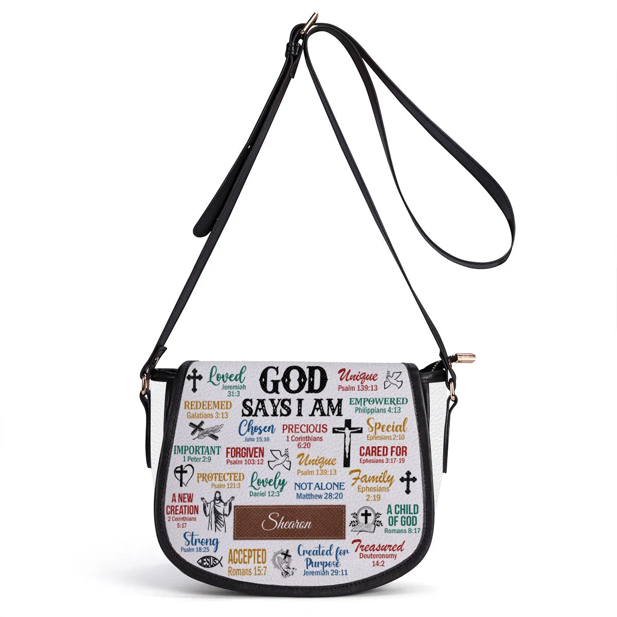 God Says I Am Personalized Leather Saddle Bag - Religious Bags For Women