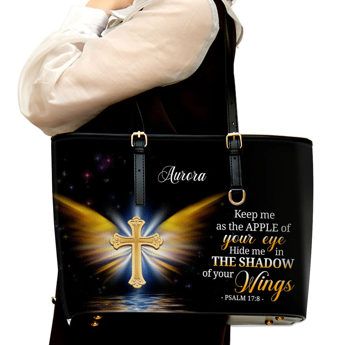 Hide Me In The Shadow Of Your Wings Psalm 178 Personalized Large Leather Tote Bag - Christian Inspirational Gifts For Women