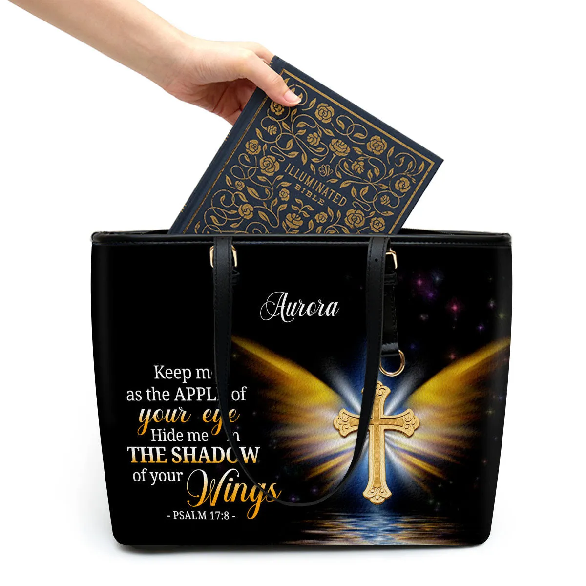 Hide Me In The Shadow Of Your Wings Psalm 178 Personalized Large Leather Tote Bag - Christian Inspirational Gifts For Women