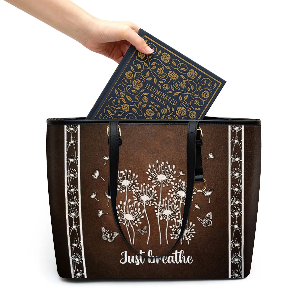 Just breathe Dandelion Large Leather Tote Bag - Christ Gifts For Religious Women - Best Mother's Day Gifts