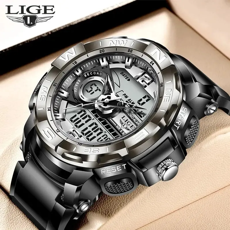 LIGE Sport Men Quartz Digital Watch Creative Diving Watches Men Waterproof Alarm Watch Dual Display Clock Relogio Masculino