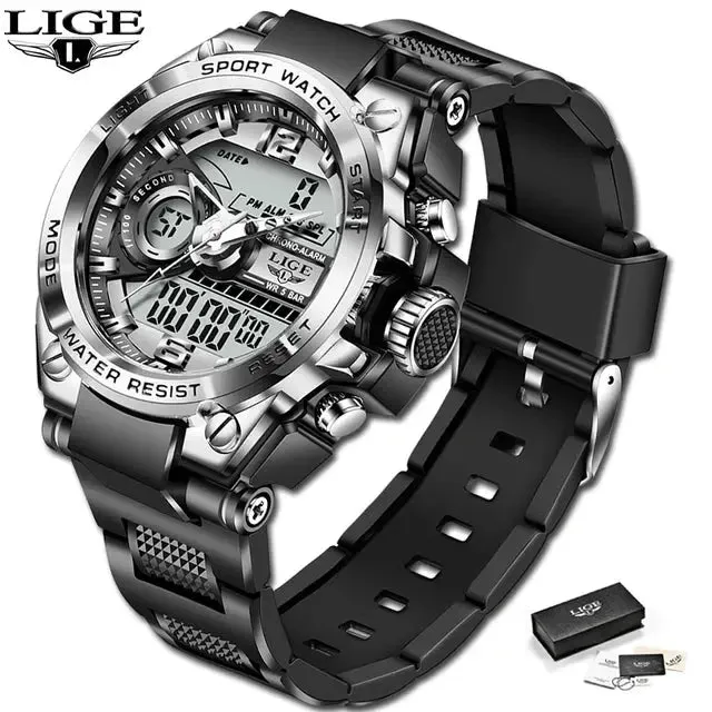 LIGE Sport Men Quartz Digital Watch Creative Diving Watches Men Waterproof Alarm Watch Dual Display Clock Relogio Masculino