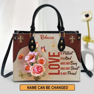 Love Is Patient Beautiful Personalized Leather Bag For Women - Religious Gifts For Women