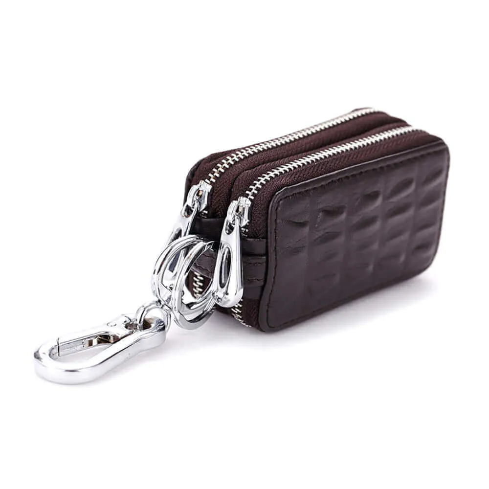 Luxury Leather Car Key Case with Dual Zipper