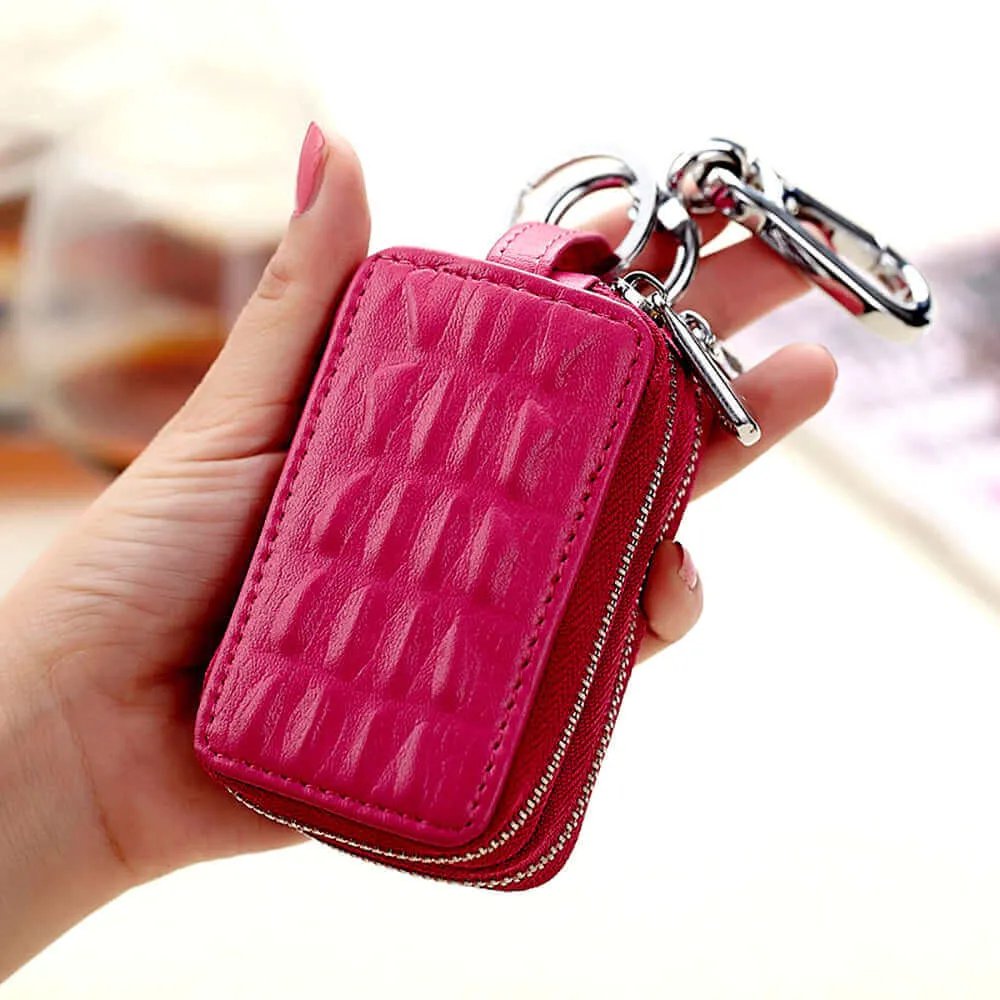 Luxury Leather Car Key Case with Dual Zipper