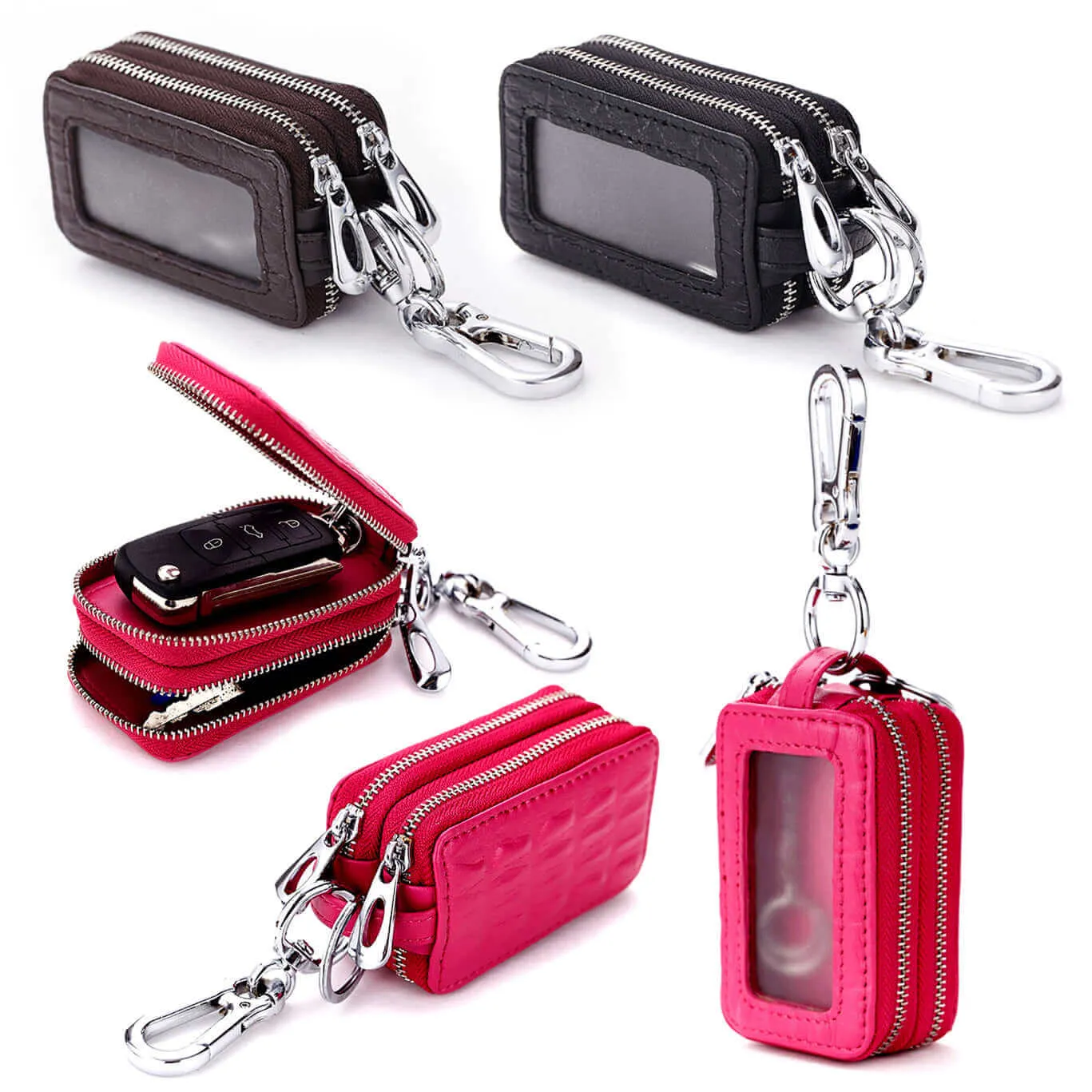 Luxury Leather Car Key Case with Dual Zipper