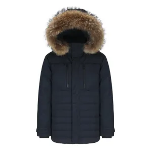 Men's Mystic Mixed Fabrication Goose Down Jacket with Genuine Racoon Fur Trim