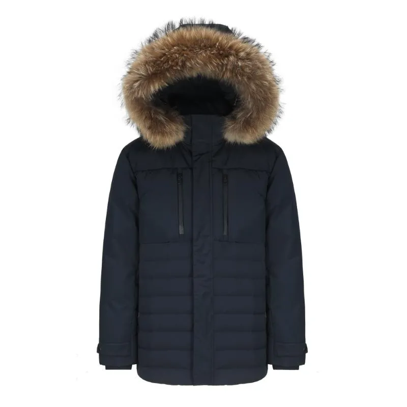 Men's Mystic Mixed Fabrication Goose Down Jacket with Genuine Racoon Fur Trim