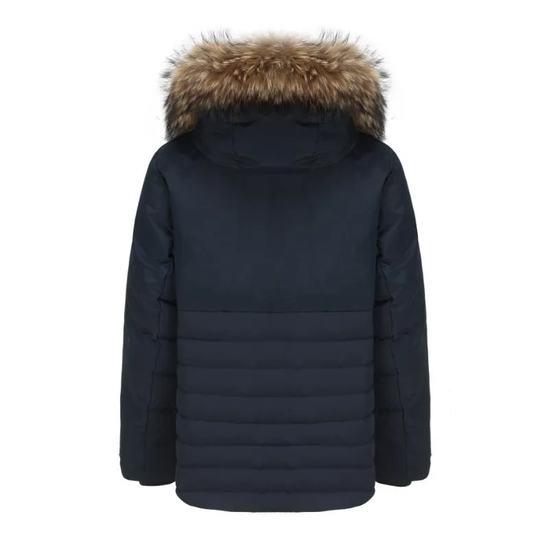 Men's Mystic Mixed Fabrication Goose Down Jacket with Genuine Racoon Fur Trim