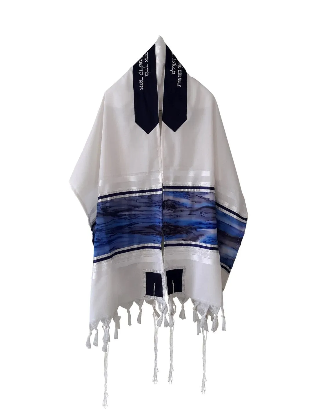 Moon Surface & Sea Hand Painted Silk on Wool Tallit, Bar Mitzva Tallit, Tzitzit