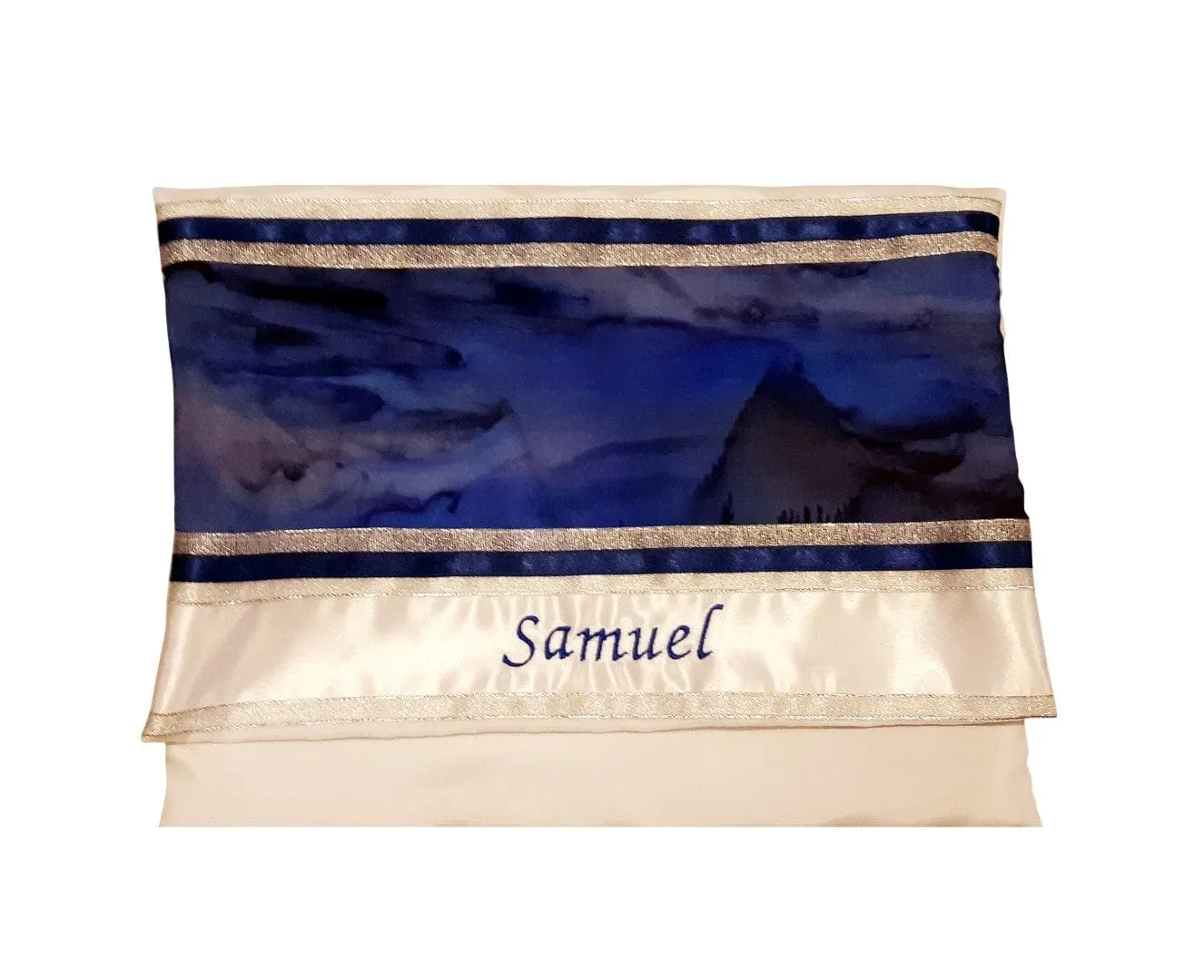 Moon Surface & Sea Hand Painted Silk on Wool Tallit, Bar Mitzva Tallit, Tzitzit