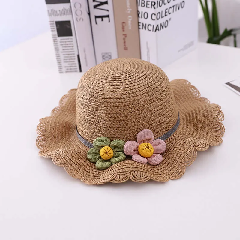 New summer children's straw hat flowers beach cap outdoor breathable sun built cap knitting sun hat bag set