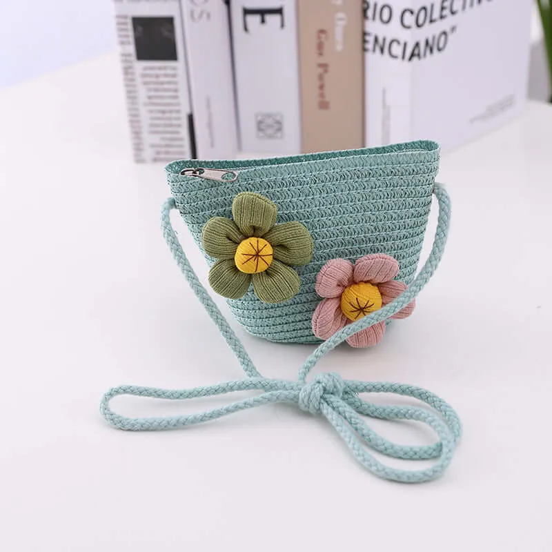 New summer children's straw hat flowers beach cap outdoor breathable sun built cap knitting sun hat bag set