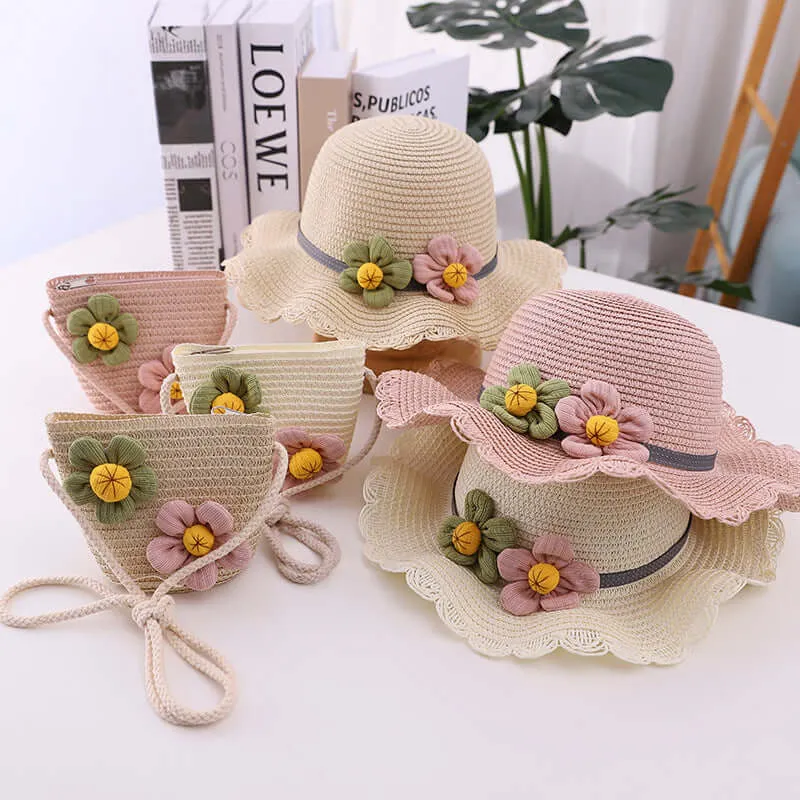 New summer children's straw hat flowers beach cap outdoor breathable sun built cap knitting sun hat bag set