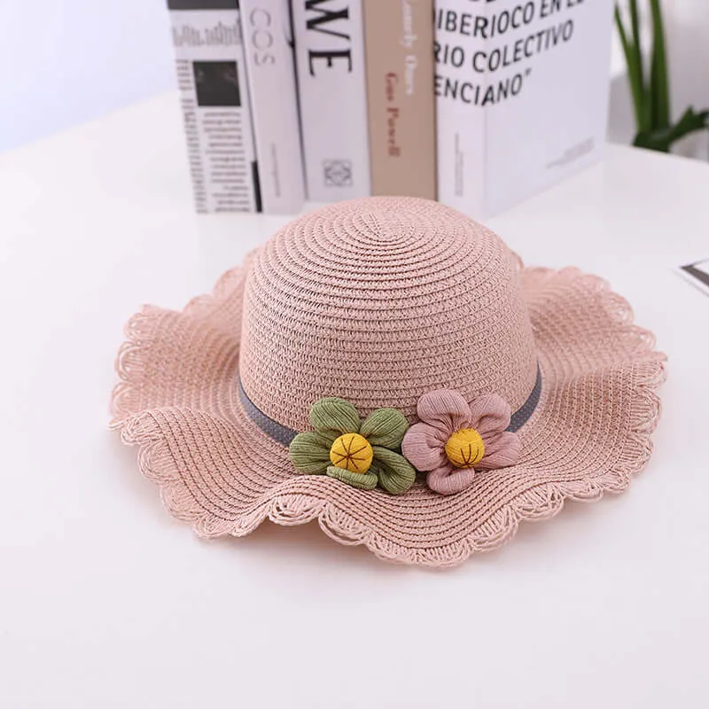 New summer children's straw hat flowers beach cap outdoor breathable sun built cap knitting sun hat bag set