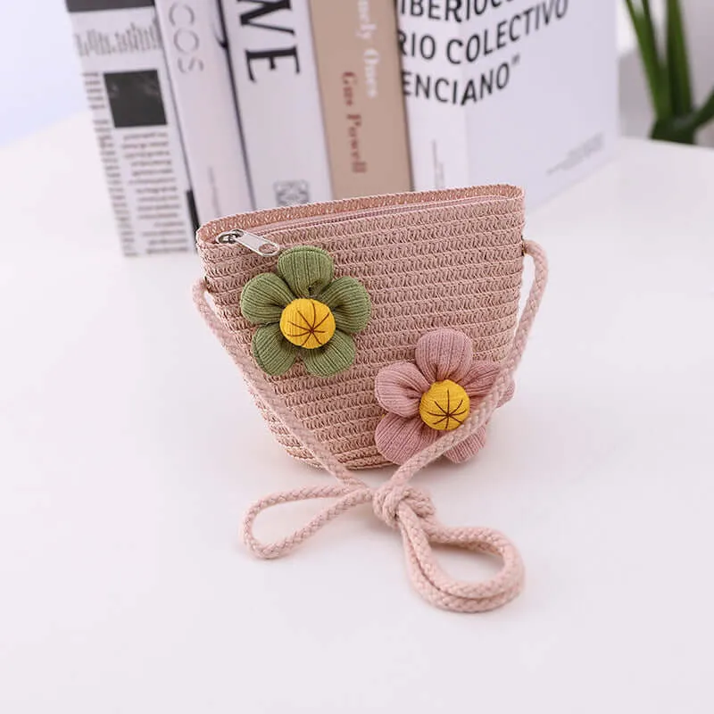 New summer children's straw hat flowers beach cap outdoor breathable sun built cap knitting sun hat bag set