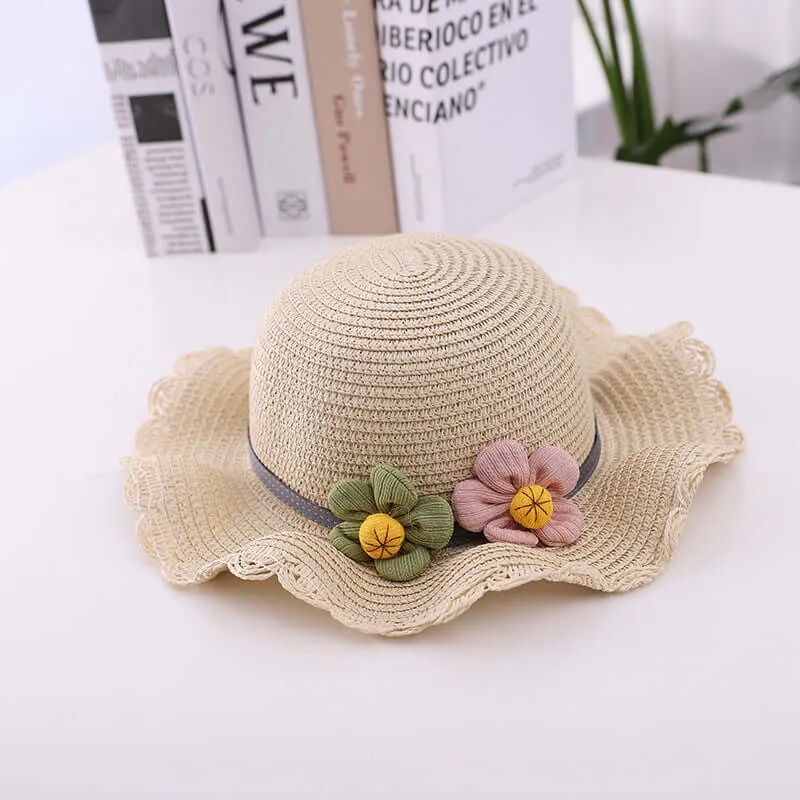 New summer children's straw hat flowers beach cap outdoor breathable sun built cap knitting sun hat bag set