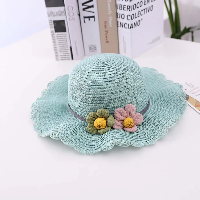 New summer children's straw hat flowers beach cap outdoor breathable sun built cap knitting sun hat bag set