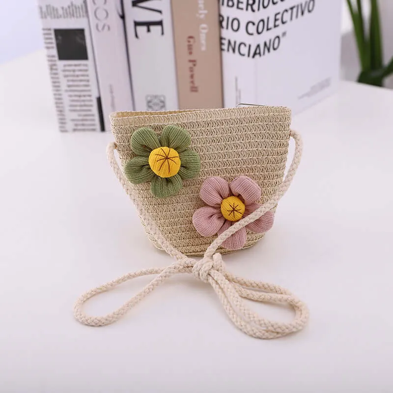 New summer children's straw hat flowers beach cap outdoor breathable sun built cap knitting sun hat bag set