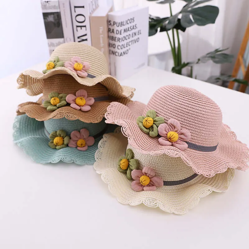 New summer children's straw hat flowers beach cap outdoor breathable sun built cap knitting sun hat bag set