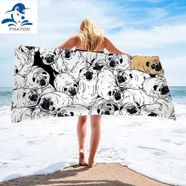 PHAYON 1Pcs Quicky-dry Microfiber Bath Towels Cute Cartoon Dogs 75*150cm Beach Towel Love Large Sport Towels Camping Accessories