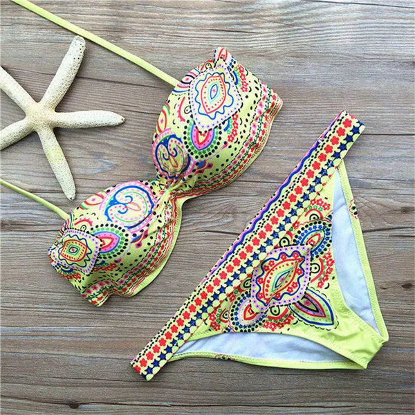 Printed Bikini Bandeau Push Up Swimwear Women Strapless Underwire Swimsuit Trikini Female Sexy Beach Wear