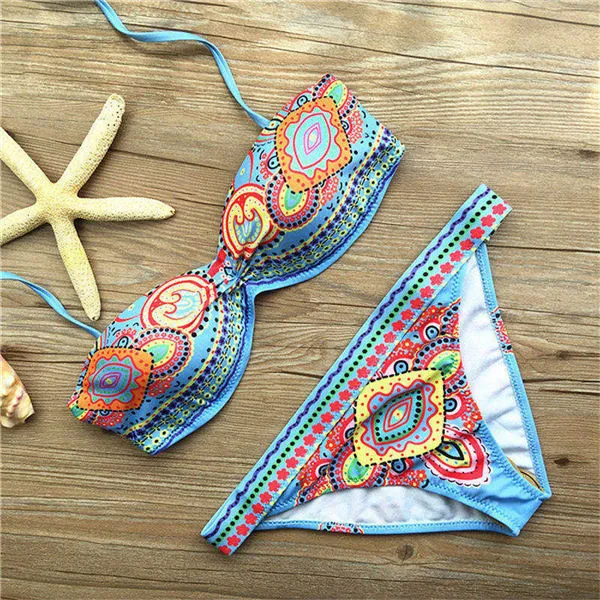 Printed Bikini Bandeau Push Up Swimwear Women Strapless Underwire Swimsuit Trikini Female Sexy Beach Wear