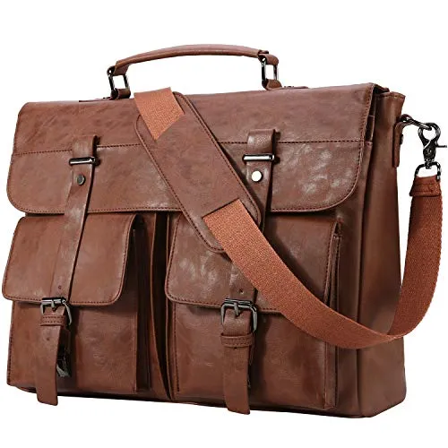 Seyfocnia Leather Messenger Bag for Men, Vintage Leather Laptop Bag Briefcase Satchel, 17.3 Inch Computer School Work Bag (Brown)