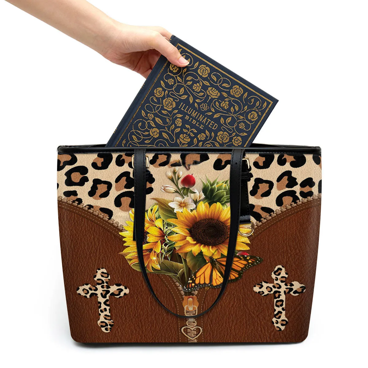 Sunflower Large Leather Tote Bag - Christ Gifts For Religious Women - Best Mother's Day Gifts