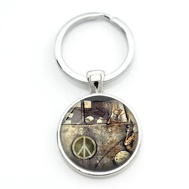 TAFREE new vintage Hippie Peace Sign Van Bus keychain fashion men women purse bag car pendant key chain ring holder jewelry CT89